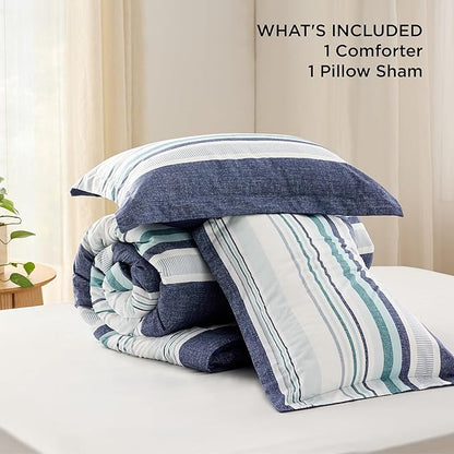 Bedsure Twin/Twin XL Comforter Set - Twin Extra Long Comforter Set for Boys, Striped Dorm Bedding, 2 Pieces, 1 Soft Reversible Blue Comforter and 1 Pillow Sham