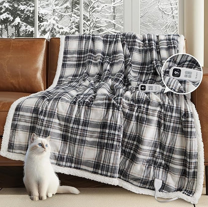 Heated Blanket Electric Throw-50''x60''Ultra Soft Cozy Plaid Flannel Fast Heating Electric Blanket with 10 Heat Levels & 10 Hrs Auto Off, ETL Certified, Keep Warm in Home Office (Grey)