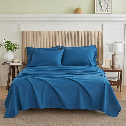 Simple&Opulence Belgian Linen Sheet Set Solid Color - 6 Pieces (1 Flat Sheet & 1 Fitted Sheet & 4 Pillowcases) 16" Deep Pocket Natural Flax Cotton Blended Soft Bedding - Navy Blue, King Size