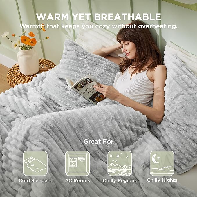 Bedsure Twin/Twin XL Comforter Set - GentleSoft™ 2 Pieces Fluffy Double-Side Fleece Comforter Set, Cozy Striped Room Decor Aesthetic, Luxury Light Grey Twin Bedding with 1 Pillowcase, 68x88 Inches