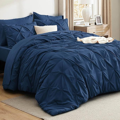 Bedsure Queen Comforter Set Navy - Bed in a Bag Queen Size Bedding 7 Pieces, GentleSoft™ Pintuck Bed Set Gift for Family, Pinch Pleat All Season Comforter with Sheets, Pillowcases & Shams