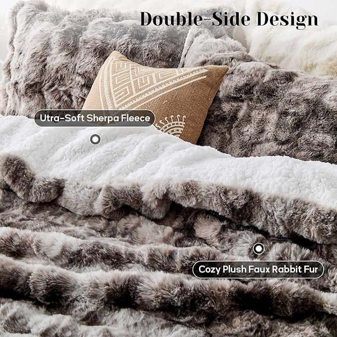 DAICO 3 Pieces Fluffy Faux Rabbit Fur Comforter Set Plush Fuzzy Bubble Comforter Bedding Set Warm Cozy Bedding Comforter Sets for Winter, 1 Comforter and 2 Pillowcases, Queen Size, Tie Dye Grey