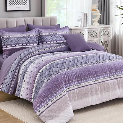 WONGS BEDDING 8 Piece Queen Size Comforter Set, Texture Striped Bed in a Bag Purple Comforter and Sheet Set, Boho Lightweight Microfiber Bedding Set for All Season (90"×90")