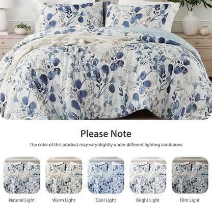 Lightweight Seersucker Botanical Queen Size Comforter Set, 3 Pieces Reversible Design Bed Comforter, Premium Microfiber Bedding Set, Comforter and Shams Set, Blue