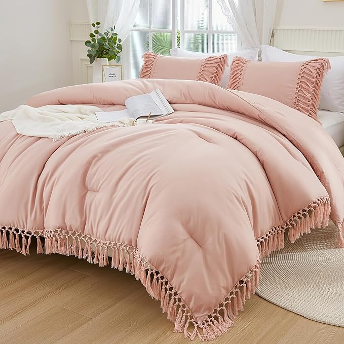 Andency Pink Comforter Set California King, 3 Pieces Boho Tassel Lightweight Soft Bedding Comforter Sets for King Bed, All Season Fluffy Fringe Bed Set (104x96In Comforter & 2 Pillowcases)