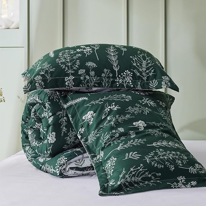 Bedsure King Comforter Set - Emerald Bed Set, 3 Pieces Cute Floral Bedding, 1 Soft Reversible Botanical Flowers Comforter and 2 Pillow Shams