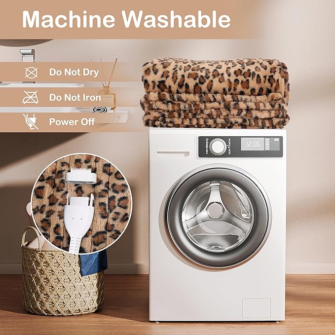 Electric Heated Blanket Twin Size 62"x84", Fast Heating, Soft Plush Microplush for Bed & Sofa, 1-10Hs Auto Off & 6 Heating Levels, Machine Washable, Gifts for Family-Brown Leopard Print