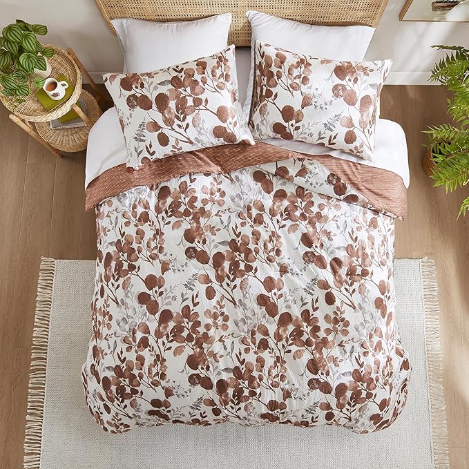 Bed Comforter Set Twin Size, 2 Pieces Lightweight Seersucker Botanical Reversible Design with Floral Print, Premium Microfiber Bedding Set, Comforter and Sham Set, Terracotta
