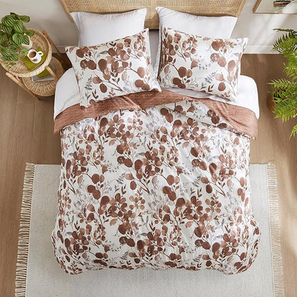 Lightweight Seersucker Botanical King Size Comforter Set, 3 Pieces Reversible Design Bed Comforter, Premium Microfiber Bedding Set, Comforter and Shams Set, Terracotta