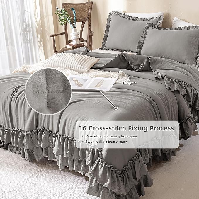 QSH Shabby Grey Ruffled Chic Comforter Queen Size, Farmhouse Boho Bedding Comforter Sets, 3 Pieces All Season Microfiber Inner Fill Bedding, Ultra Soft Lightweight Comforter Queen for Bed