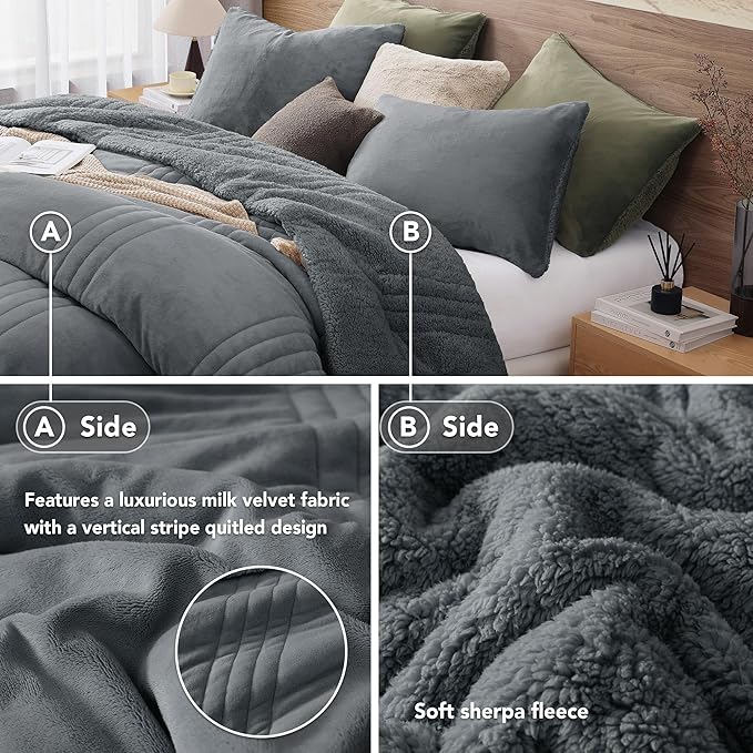 Monbix Fluffy Full Comforter Set Blue Grey, Sherpa Plush Fuzzy Comforter 3 Piece for Full Size Bed, Luxury Soft Winter Warm Bedding Set
