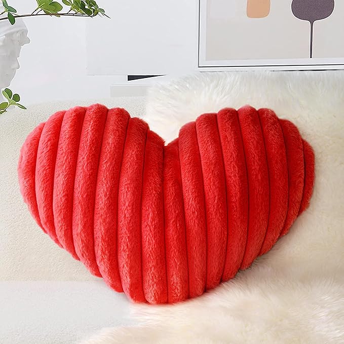 AELS Heart Shaped Pillow, Heart Decorative Throw Pillows, Faux Fur Love Pillows, Cute Valentines Day Decorations, Wedding Decor, Living Room Bedroom Nursery Decor, Red, L