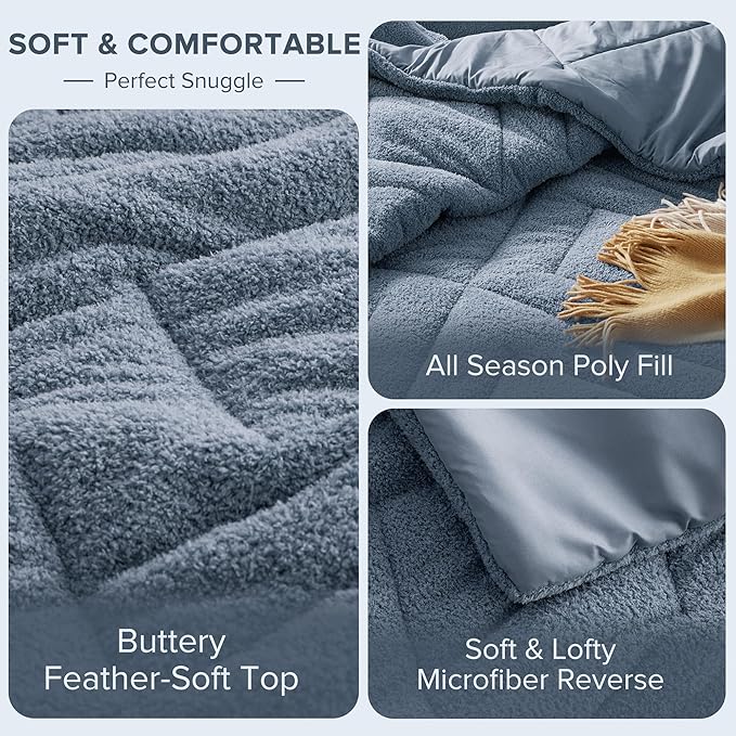 Comfort Spaces King Comforter Set Reversible Feather-Soft Plush Comforters for King Size Bed All Season Lightweight Shearling Fleece Sherpa Comforter King Size Bed Set, King/Cal King, Blue 3 Piece