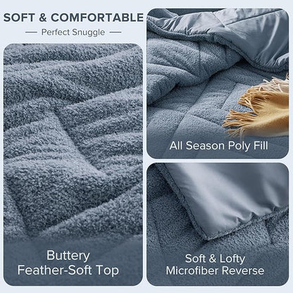 Comfort Spaces King Comforter Set Reversible Feather-Soft Plush Comforters for King Size Bed All Season Lightweight Shearling Fleece Sherpa Comforter King Size Bed Set, King/Cal King, Blue 3 Piece
