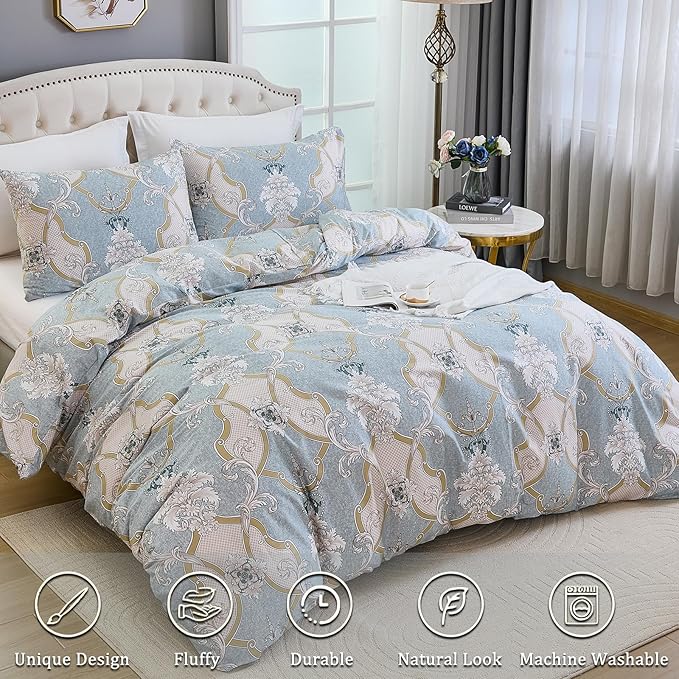 100% Natural Cotton Comforter Set King 3 Pcs Grayish Blue Bedding Sets with Luxurious Damask Pattern, Reversible Breathable Soft Comforter Sets for All Season