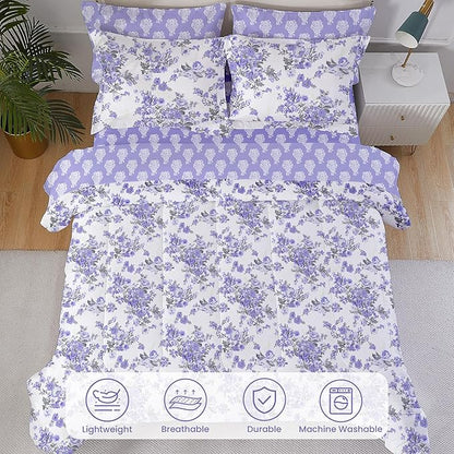 Floral King Comforter Set with Sheets, 7 Piece Luxury Vintage Bedding, Soft Microfiber Bed in a Bag, Cozy Lightweight Bed Set, Lavender Flower Grey Leaf