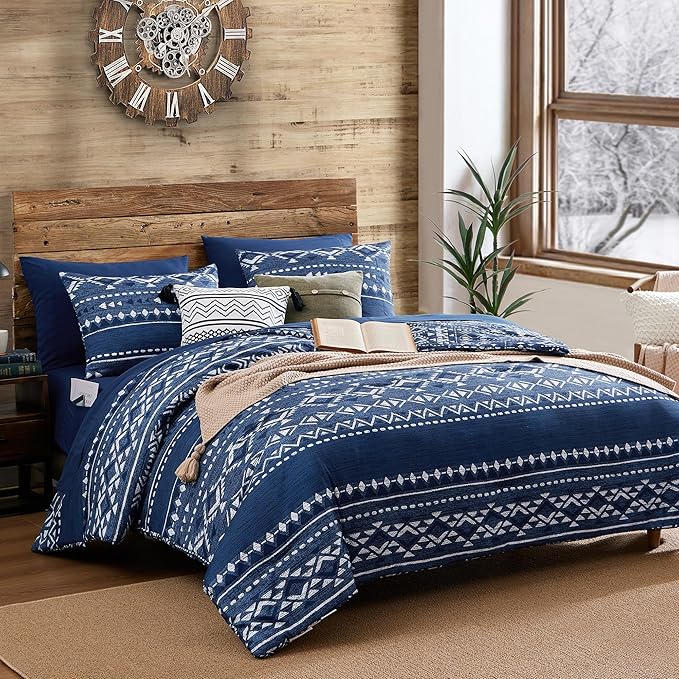 Geniospin Queen Comforter Set - 7 Pieces Comforters Queen Size, Warm Fluffy Boho Bedding Sets for All Seasons, Bed in a Bag with Flat Sheet and Fitted Sheet, Pillowcase & Sham (Blue, 90''x90'')