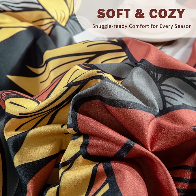 Black Boho Floral Queen Comforter Set - 3 Piece Farmhouse Botanical Bedding Comforter Sets for All Season Soft Lightweight Mid Century Bed Set, (1 Reversible Comforter and 2 Pillow Shams