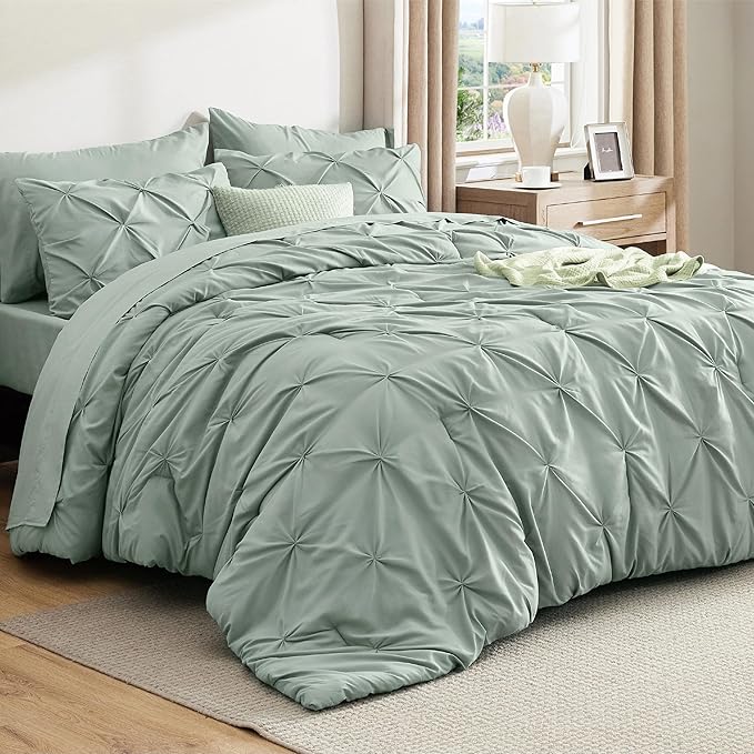 Bedsure California King Comforter Set - Bed in a Bag Cal King Bedding Set 7 PCS, GentleSoft™ Pintuck Bed Set Gift for Family, Pinch Pleat Sage Green Comforter with Sheets, Pillowcases & Shams