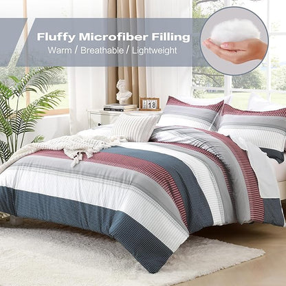 Litanika Comforter Set California King Size Red Blue - 3 Pieces Lightweight Colorblock Stripe Fluffy Bedding Comforter Sets, All Season Bed Set