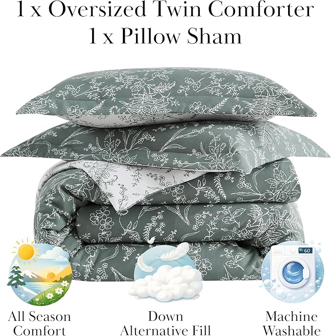 Southshore Fine Living, Inc. Twin Mattress Comforter Set, Hotel Quality Bedding, Floral Bedspread with Matching Pillow Sham for Twin/XL Beds, Reversible Bed Comforter, Winter Brush Teal/White