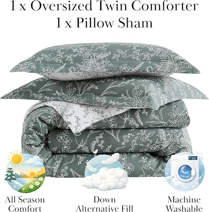 Southshore Fine Living, Inc. Twin Mattress Comforter Set, Hotel Quality Bedding, Floral Bedspread with Matching Pillow Sham for Twin/XL Beds, Reversible Bed Comforter, Winter Brush Teal/White