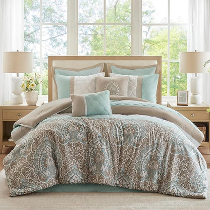 510 DESIGN Luxe Quilted Comforter Set Modern Transitional Design, All Season Down Alternative Warm Bedding Matching Shams, Bedskirt, Decorative Pillow, Queen, Shawnee Scrollwork Seafoam