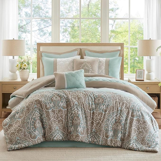 510 DESIGN Luxe Quilted Comforter Set Modern Transitional Design, All Season Down Alternative Warm Bedding Matching Shams, Bedskirt, Decorative Pillow, Queen, Shawnee Scrollwork Seafoam