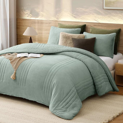 Monbix Fluffy Queen Comforter Set Sage Green, Sherpa Plush Fuzzy Comforter 3 Piece for Queen Size Bed, Luxury Soft Winter Warm Bedding Set