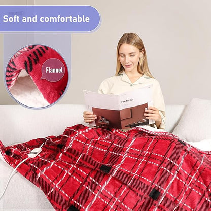 Electric Blanket Heated Throw, Soft Flannel 50"x60" Plaid Heating Blanket with 8 Hours Auto Off 10 Fast Heating Levels Machine Washable Sherpa Heated Blanket with Overheating Protection