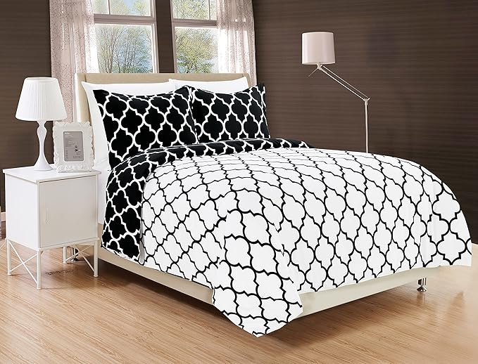 Elegant Comfort Goose Down Alternative Reversible 3-Piece Comforter Set - Breathable and Super Soft All Season Reversible Quatrefoil Pattern Comforter Set with 2 Shams, King, Black/White