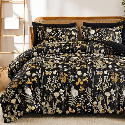 Yiran Queen Comforter Set, 7 Pieces Black Floral Soft Bedding Sets, Queen Bed in a Bag with Brown Botanical Flowers Winter Comforter, Sheets, Pillowcases & Shams
