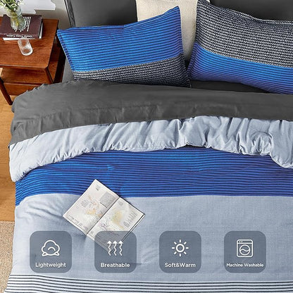 Andency King Size Comforter Set 7 Pieces - Blue Grey Striped Bed in a Bag, Soft Microfiber Patchwork All Season Bedding Set with Comforter, Fitted & Flat Sheet, Pillowcases & Shams