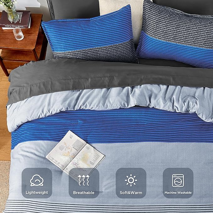 Andency California King Size Comforter Set 7 Pieces - Blue Grey Striped Lightweight Bed in a Bag, Soft Microfiber All Season Bedding Set with Comforter, Fitted & Flat Sheet, Pillowcases & Shams