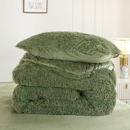 Andency Faux Fur Sage Green Comforter Set King Size, 3 Pieces Fluffy Fuzzy Plush Bedding Comforter Set (1 Shaggy Velvet Comforter & 2 Pillowcases), Soft Puffy Comfy Down Comforter Bedding Set