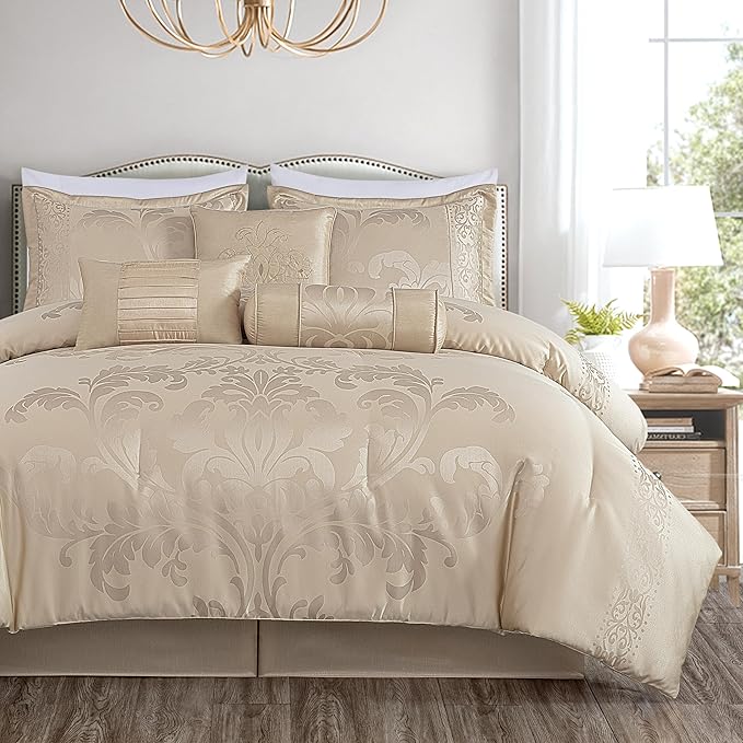 Chezmoi Collection Royale 7-Piece Jacquard Floral Comforter Set, Oversized King, Champagne