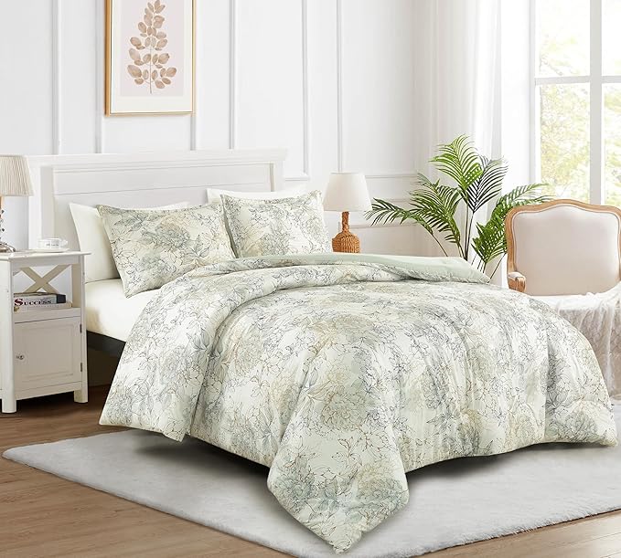 Chezmoi Collection Clematis 3-Piece Tranquil Floral Comforter Set Queen - Soft Green Gray Floral Printed Microfiber Lightweight Bedding Set for All Season