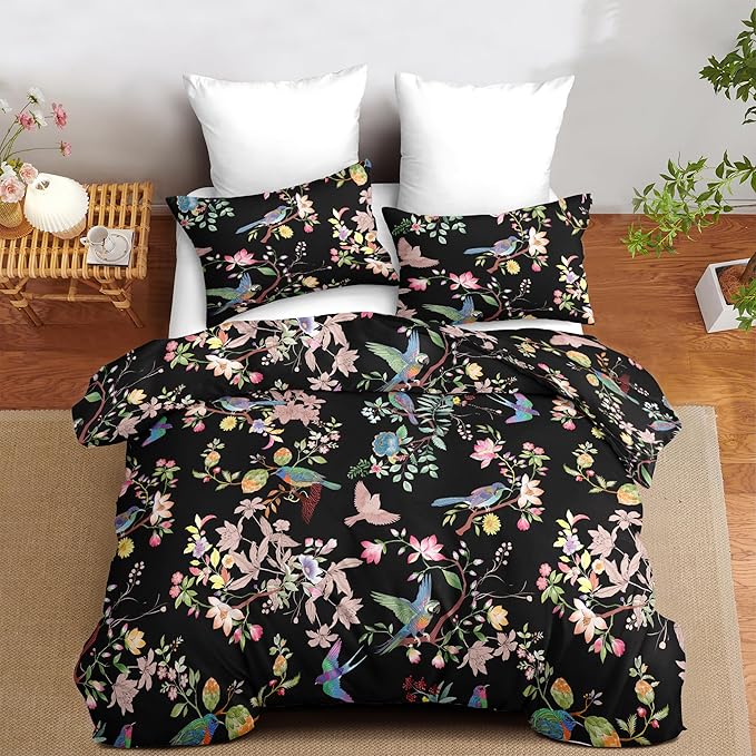Nayoroom Black Floral Comforter Set Queen Size Blue Pink Bird Flower Botanical Pattern Spring Bedding Set 3 Pieces Soft Lightweight Aesthetic Garden Comforter for All Seasons