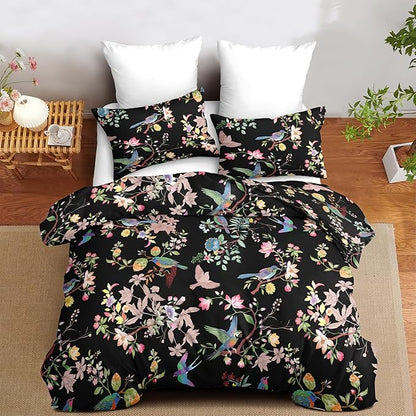 Nayoroom Black Floral Comforter Set Queen Size Blue Pink Bird Flower Botanical Pattern Spring Bedding Set 3 Pieces Soft Lightweight Aesthetic Garden Comforter for All Seasons