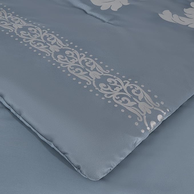 Chezmoi Collection Valor 7-Piece California King Bed in a Bag, Grayish Blue/Gray Luxury Jacquard Floral Comforter with Sheets Set for All Season