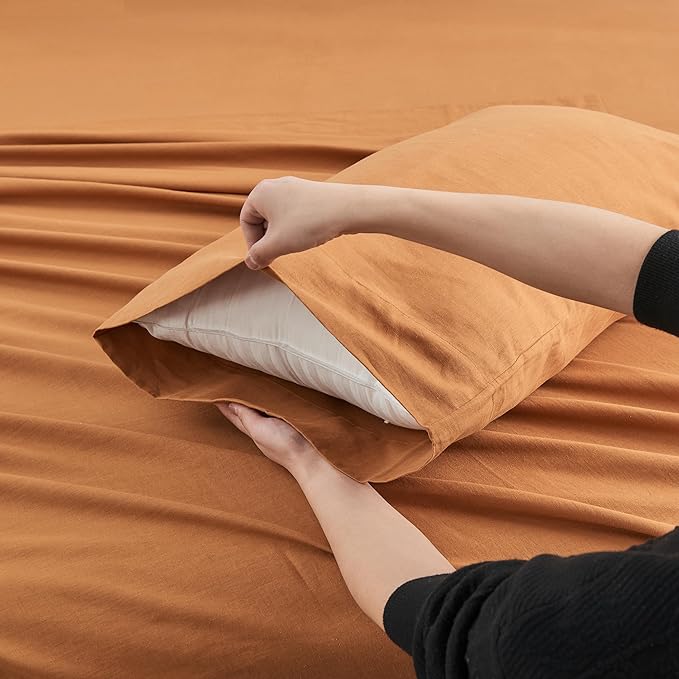 Simple&Opulence Belgian Linen Sheet Set Solid Color -Sheet Set 4PC - Cal King Natural Flax Cotton Blend Soft Breathable Farmhouse Bedding - California King, Rust