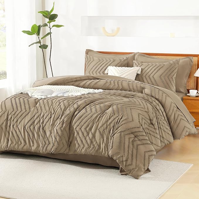 Litanika Taupe Queen Size Comforter Set with Sheets - 7 Pieces Bed in a Bag Queen Boho Tufted Complete Bedding Sets with Comforter, Sheets, Pillowcases & Shams
