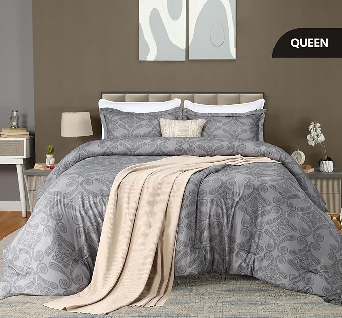 Queen Comforter Set 3 Piece Paisley Grey by Utopia Bedding Floral Comforters Queen Size Bedding Comforters Set Down Alternative Soft Bed Set 1 Comforter(88 x 88 inches) 2 Pillow Shams(20 x 26 inches)