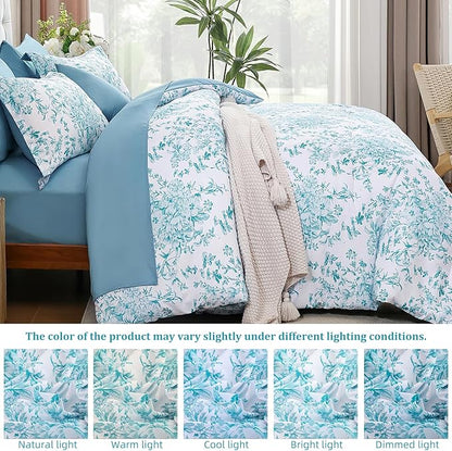 WONGS BEDDING Queen Size Comforter Set, 8 Pieces Teal Floral Bed in a Bag Comferter Sets, Botanical Print Soft Fluffy Microfiber Complete Bedding Sets for All Season (90"x90")