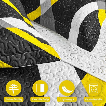 weesire Black and Yellow Bedding Quilt Queen Size with 2 Shams, Modern Stripe Comforter Sets Classic Line Pattern Bedspreads Grey and Yellow Coverlet, 90''x96''