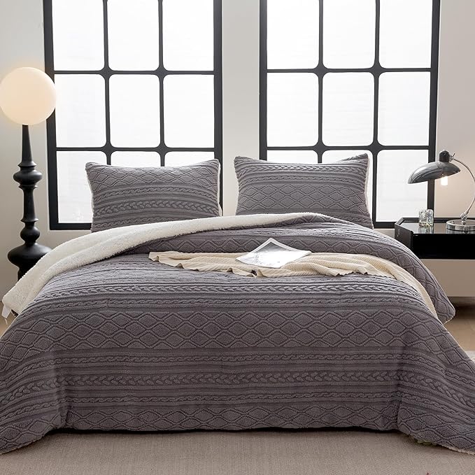 COTTEBED Reversible Sherpa Fluffy Comforter Queen Set, Boho Tufted Bedding Down Blanket Comforter Set, Ultra-Soft Washed Cotton Shabby Plush Fleece Sherpa Thick Warm for Winter Autumn, Grey Full Queen