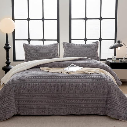 COTTEBED Reversible Sherpa Fluffy Comforter Queen Set, Boho Tufted Bedding Down Blanket Comforter Set, Ultra-Soft Washed Cotton Shabby Plush Fleece Sherpa Thick Warm for Winter Autumn, Grey Full Queen