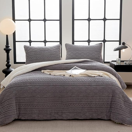 COTTEBED Sherpa Fluffy Comforter Sets King Size, Boho Tufted Bedding Down Blanket Comforter, Super Soft Polycotton Shabby Plush Fleece Sherpa Warm Medium Weight All Season Winter, Gray King/Cal King