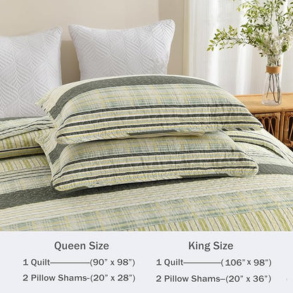 Homzard King Quilt - Cotton Comforter Set King Size, Green Yellow Striped Quilt Set,Olive Green Plaid Bedding Bedspread, Lightweight Farmhouse Comforter 3 Pieces All Season