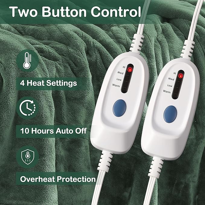 Electric Heated Blanket Queen Size 84"x90", Soft Plush Microplush for Bed, Dual Controllers & Heating Zones, 10Hs Auto Off & 4 Heating Levels, Machine Washable, Gifts for Family-Sage Green
